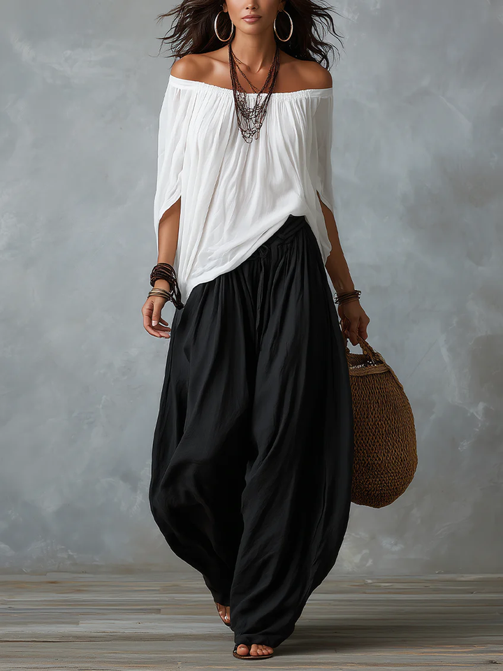 Top Bianco Off-the-Shoulder e Pantaloni Lantern Larghi