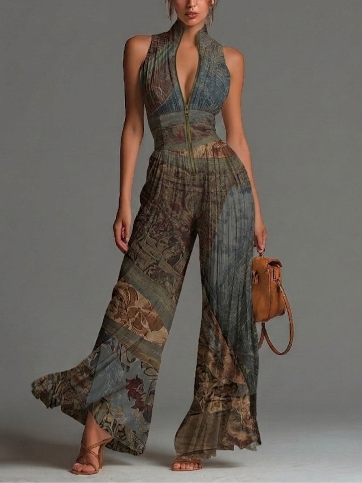 Jumpsuit in Chiffon a Stampa Etnica Bohemien Senza Maniche con Cerniera e Pieghe a Gamba Larga
