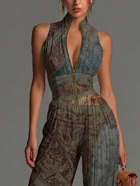 Jumpsuit in Chiffon a Stampa Etnica Bohemien Senza Maniche con Cerniera e Pieghe a Gamba Larga