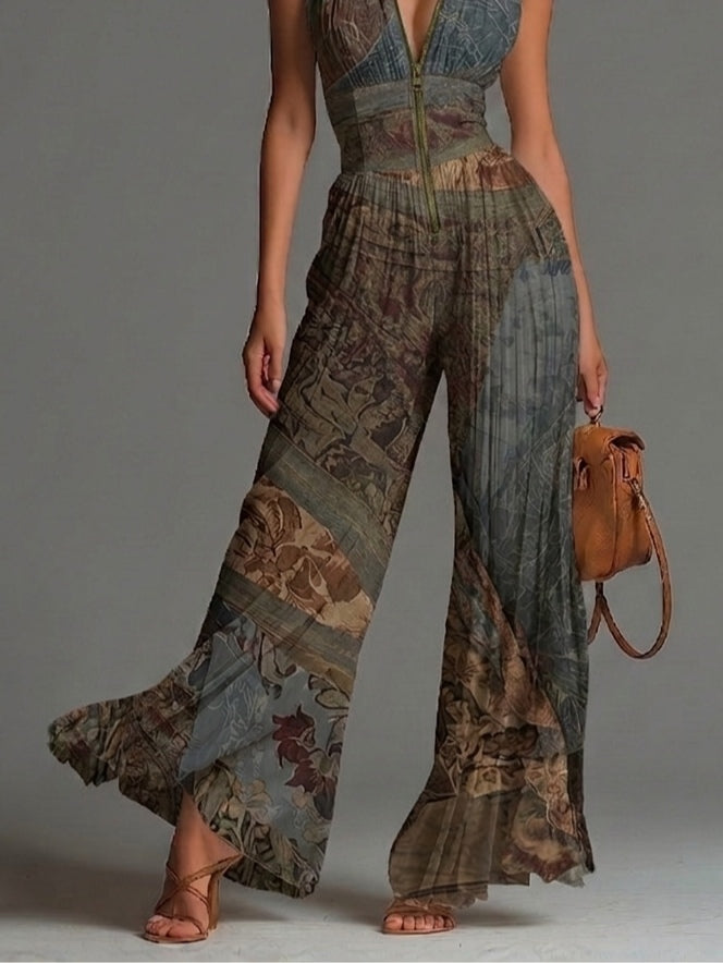 Jumpsuit in Chiffon a Stampa Etnica Bohemien Senza Maniche con Cerniera e Pieghe a Gamba Larga