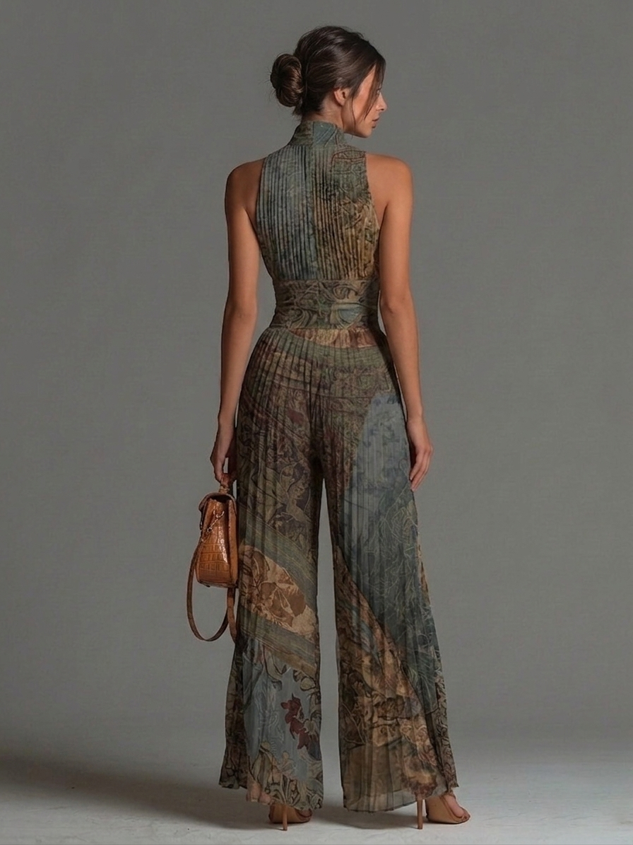 Jumpsuit in Chiffon a Stampa Etnica Bohemien Senza Maniche con Cerniera e Pieghe a Gamba Larga