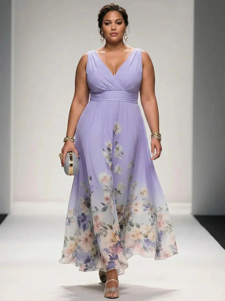 Rosa | Abito Maxi in Chiffon Floreale Blu Chiaro con Scollatura a V