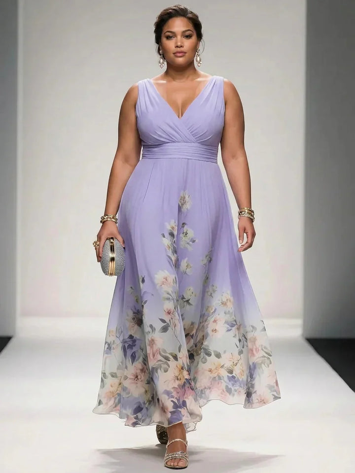 Rosa | Abito Maxi in Chiffon Floreale Blu Chiaro con Scollatura a V