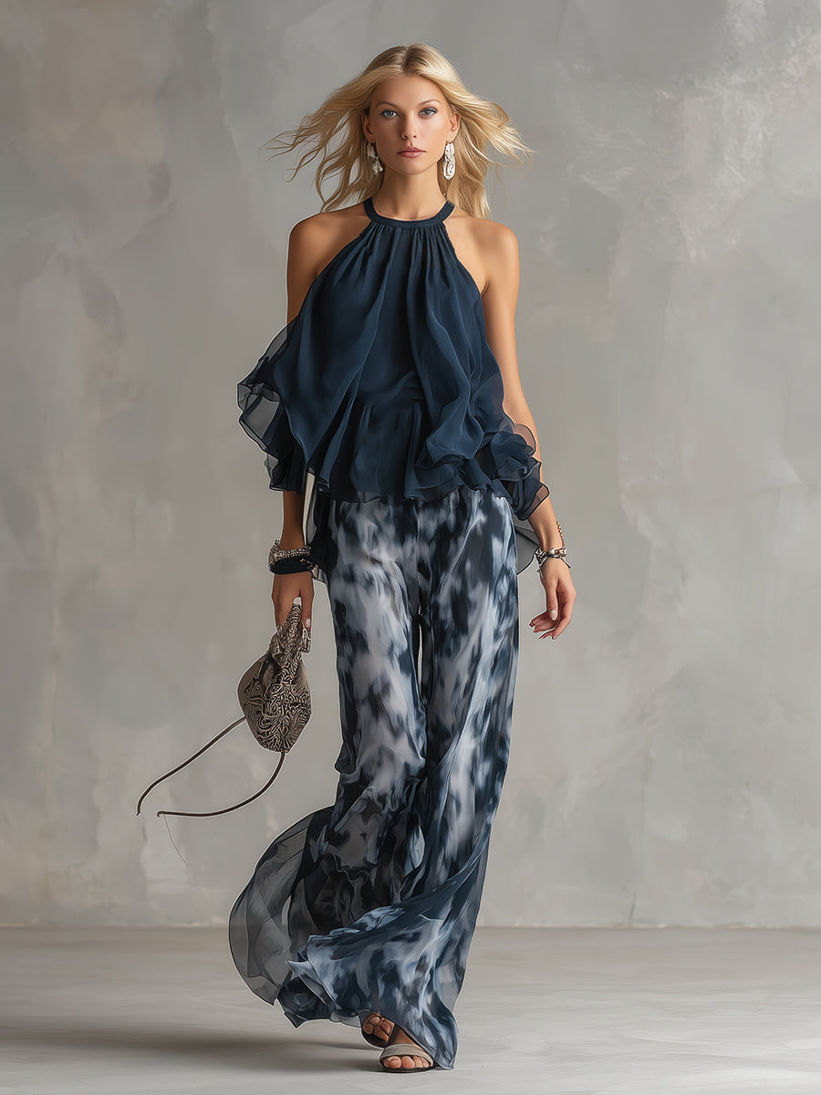 Ludovica | Top Halter Elegante Blu Navy e Set Pantaloni Ampi Stampati