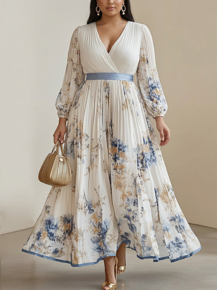 Amalia | Vestito Maxi in Chiffon Bianco a Fiori con Maniche a Palloncino