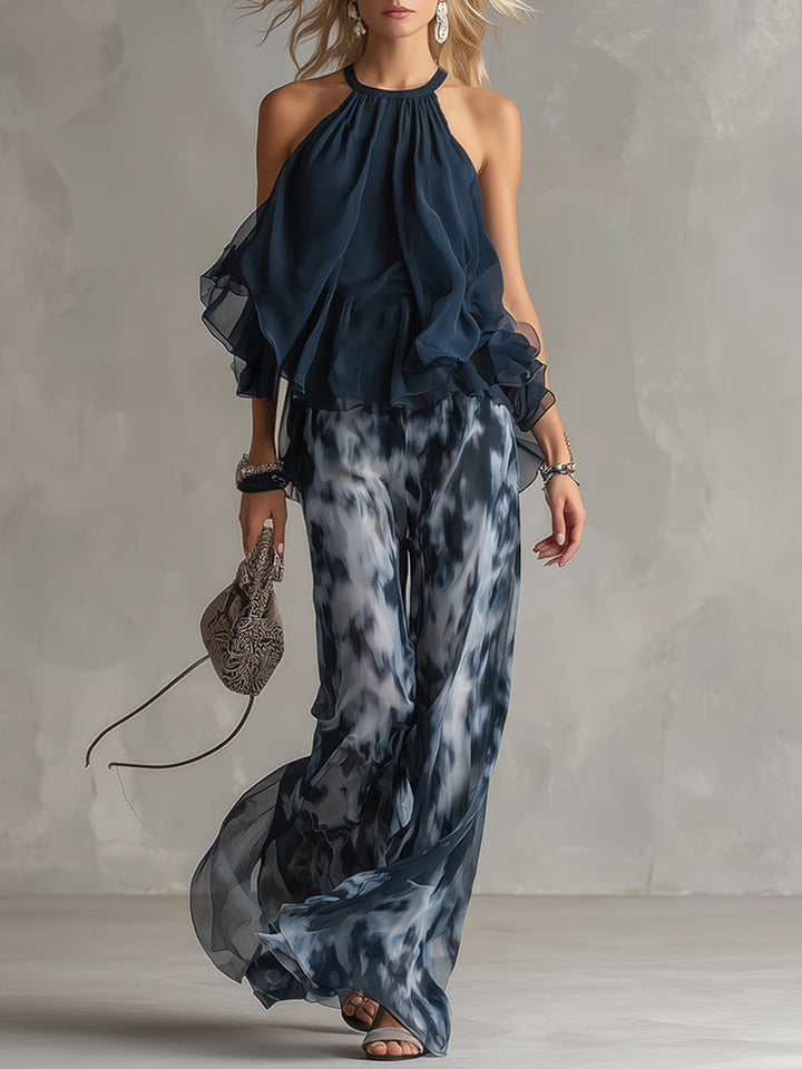Ludovica | Top Halter Elegante Blu Navy e Set Pantaloni Ampi Stampati
