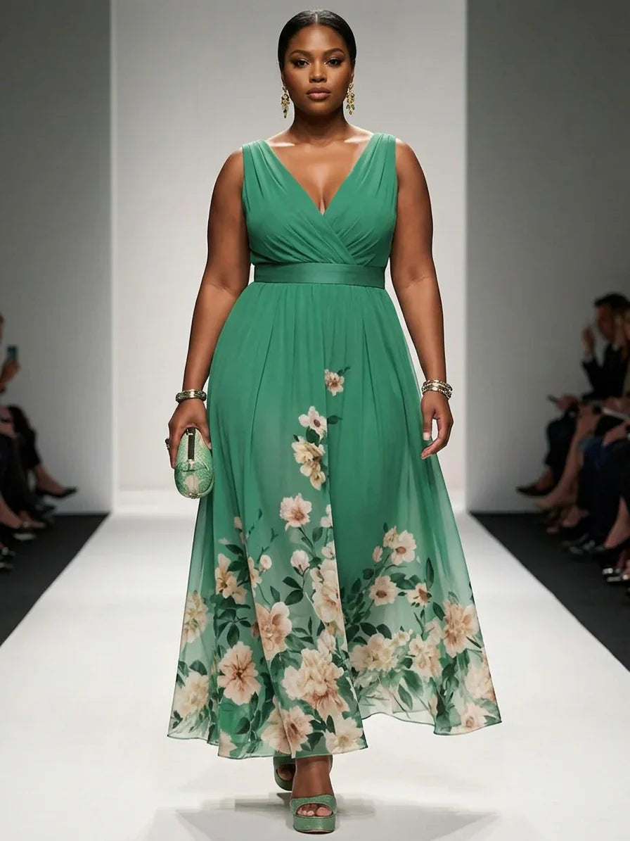 Rosa | Abito Maxi in Chiffon Floreale Blu Chiaro con Scollatura a V