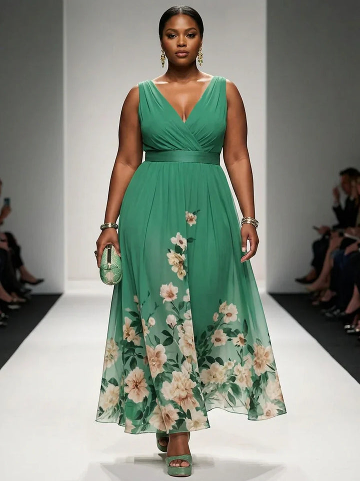 Rosa | Abito Maxi in Chiffon Floreale Blu Chiaro con Scollatura a V