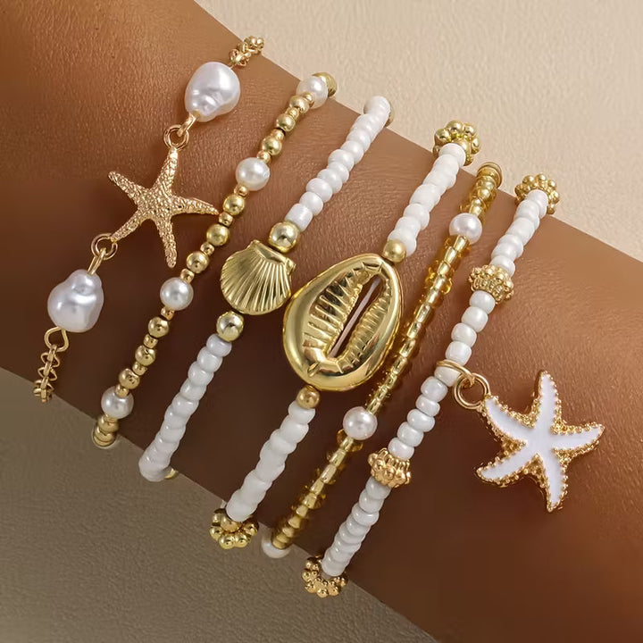Set di 6 Bracciali in Oro Costiero e Perle
