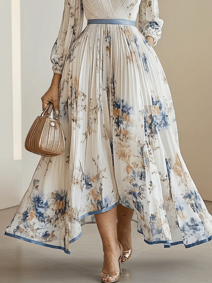 Amalia | Vestito Maxi in Chiffon Bianco a Fiori con Maniche a Palloncino