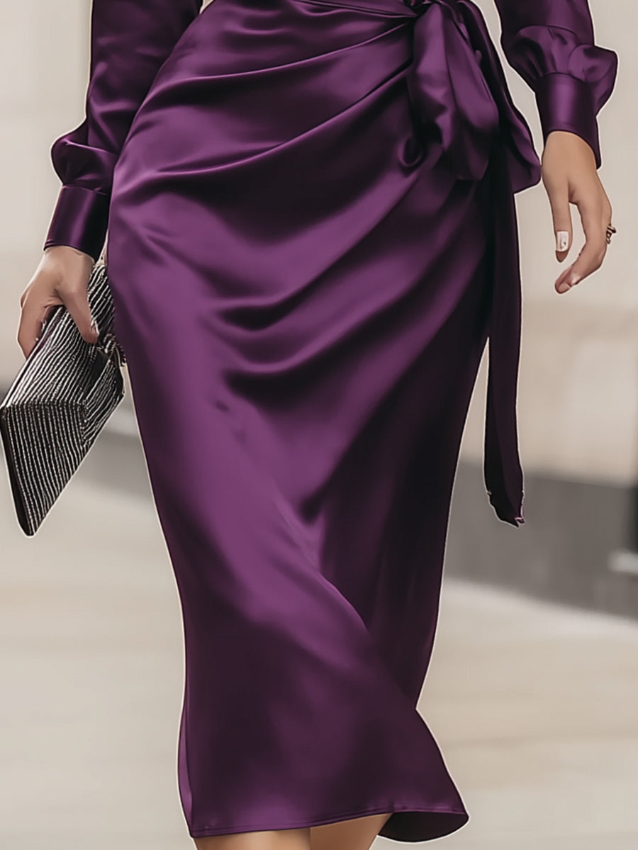 CIELO | Deep Plum Satin Wrap Midi Dress