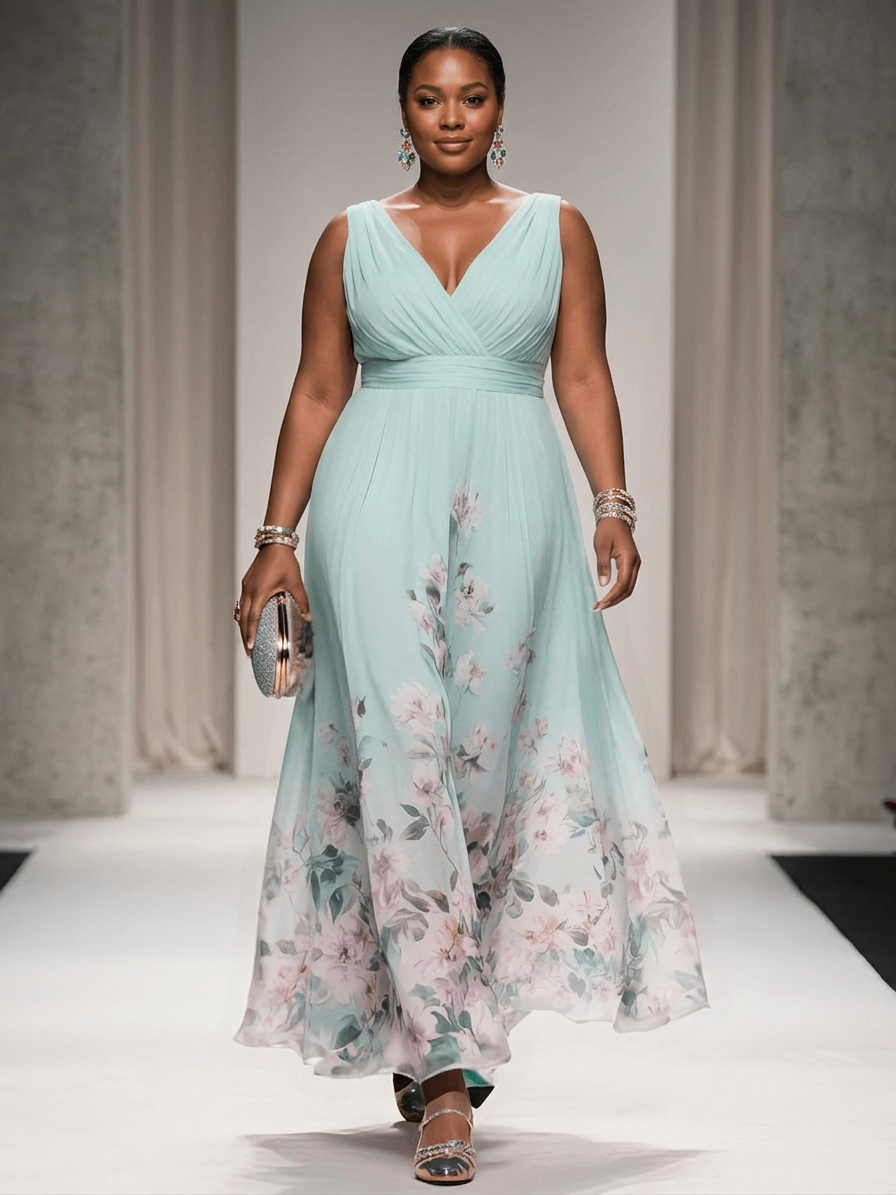 Rosa | Abito Maxi in Chiffon Floreale Blu Chiaro con Scollatura a V