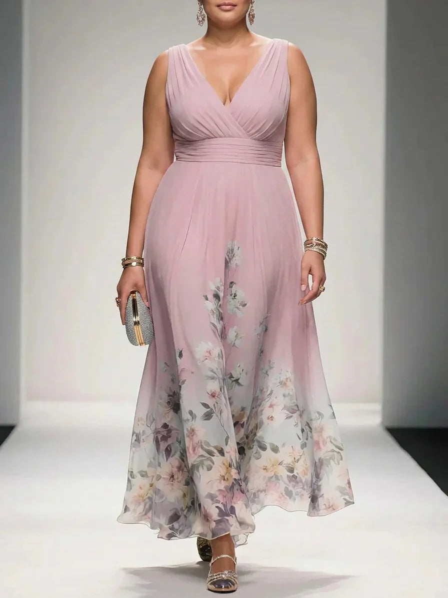 Rosa | Abito Maxi in Chiffon Floreale Blu Chiaro con Scollatura a V