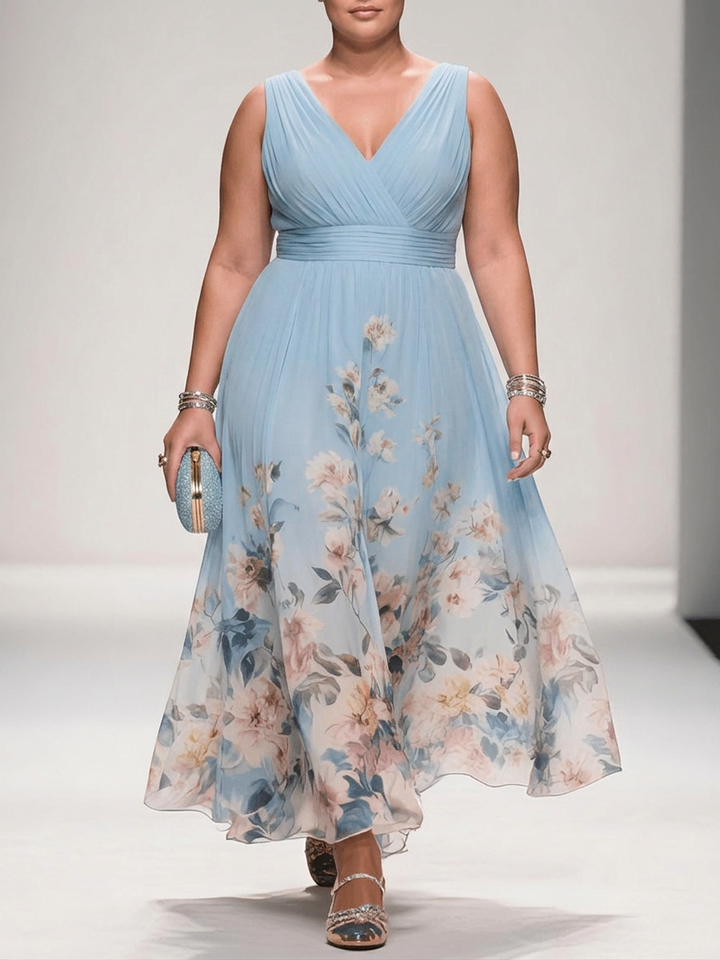 Rosa | Abito Maxi in Chiffon Floreale Blu Chiaro con Scollatura a V