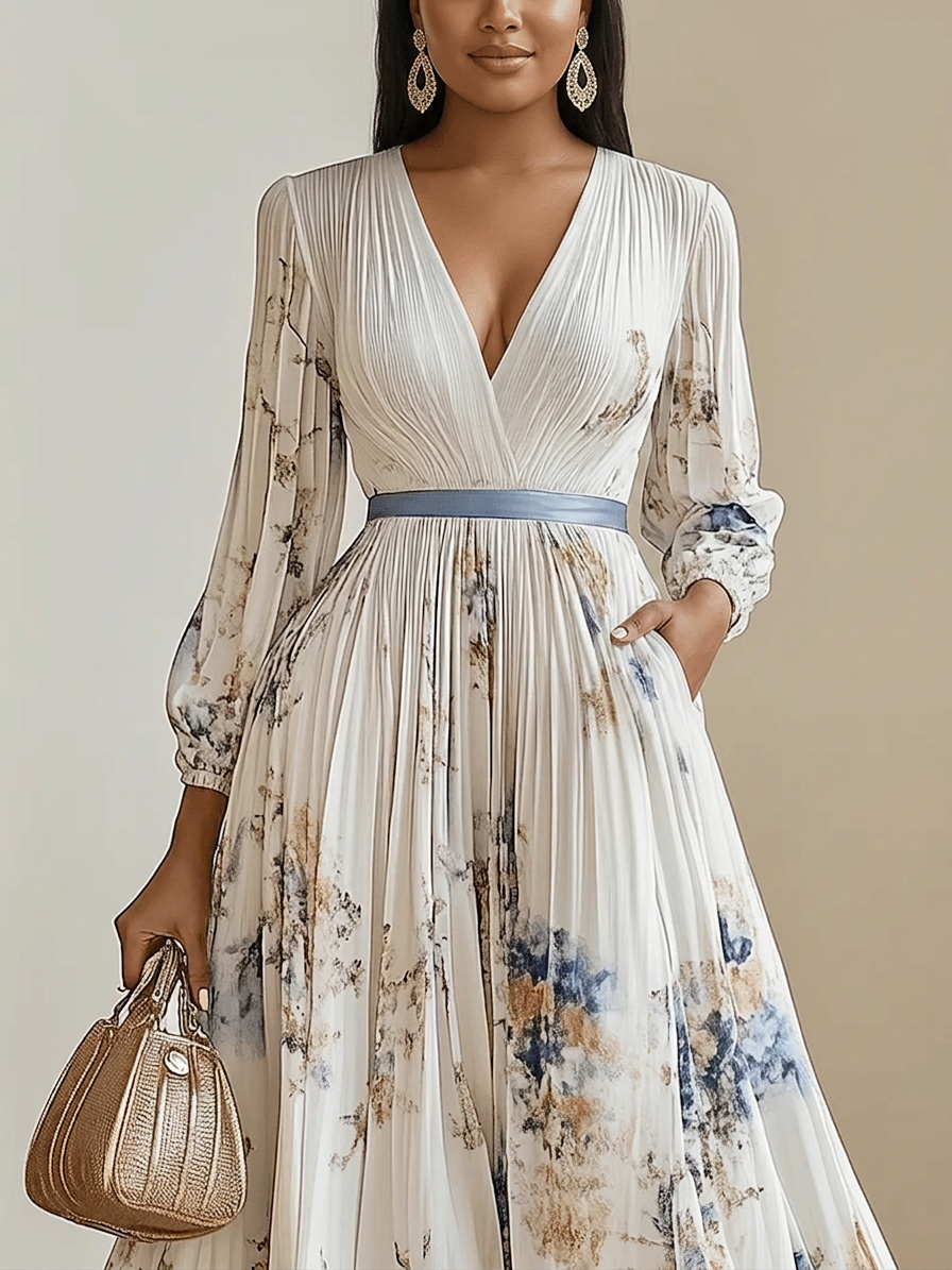 Amalia | Vestito Maxi in Chiffon Bianco a Fiori con Maniche a Palloncino