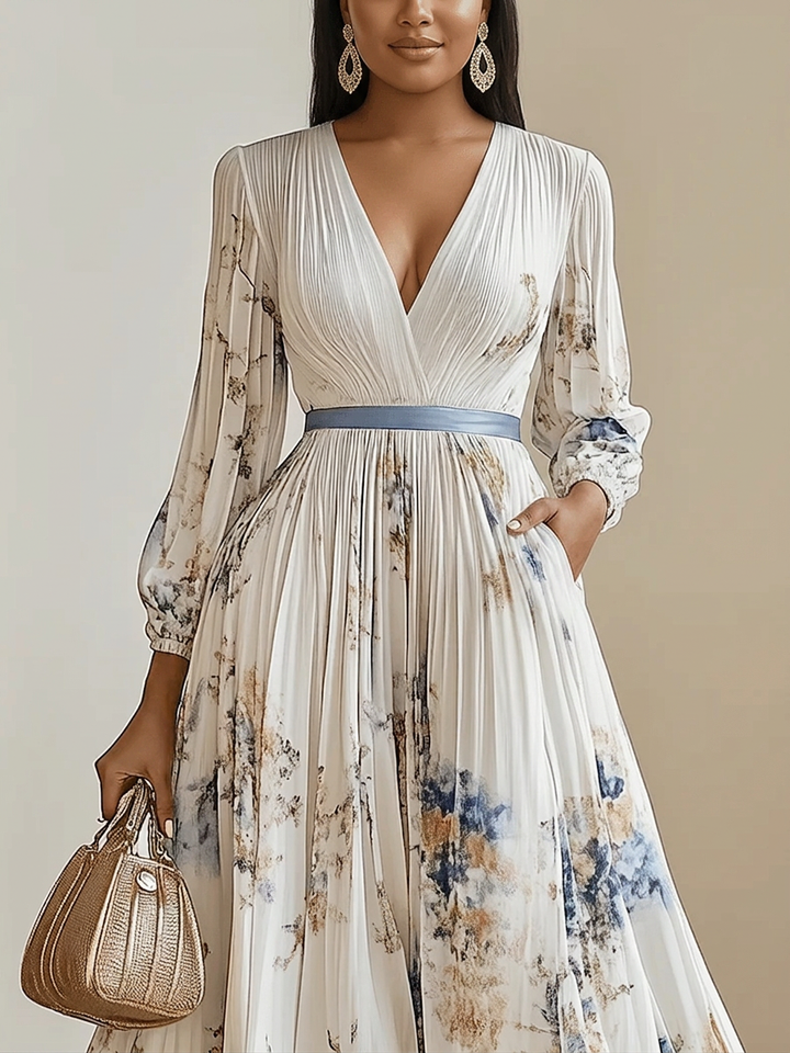 Amalia | Vestito Maxi in Chiffon Bianco a Fiori con Maniche a Palloncino