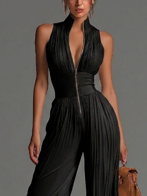 Jumpsuit Chiffon Nera Senza Maniche con Zip e Pieghe a Gamba Larga