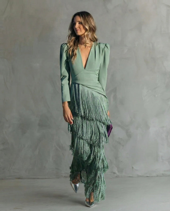 Clara™ | Elegante abito midi con maniche a frange