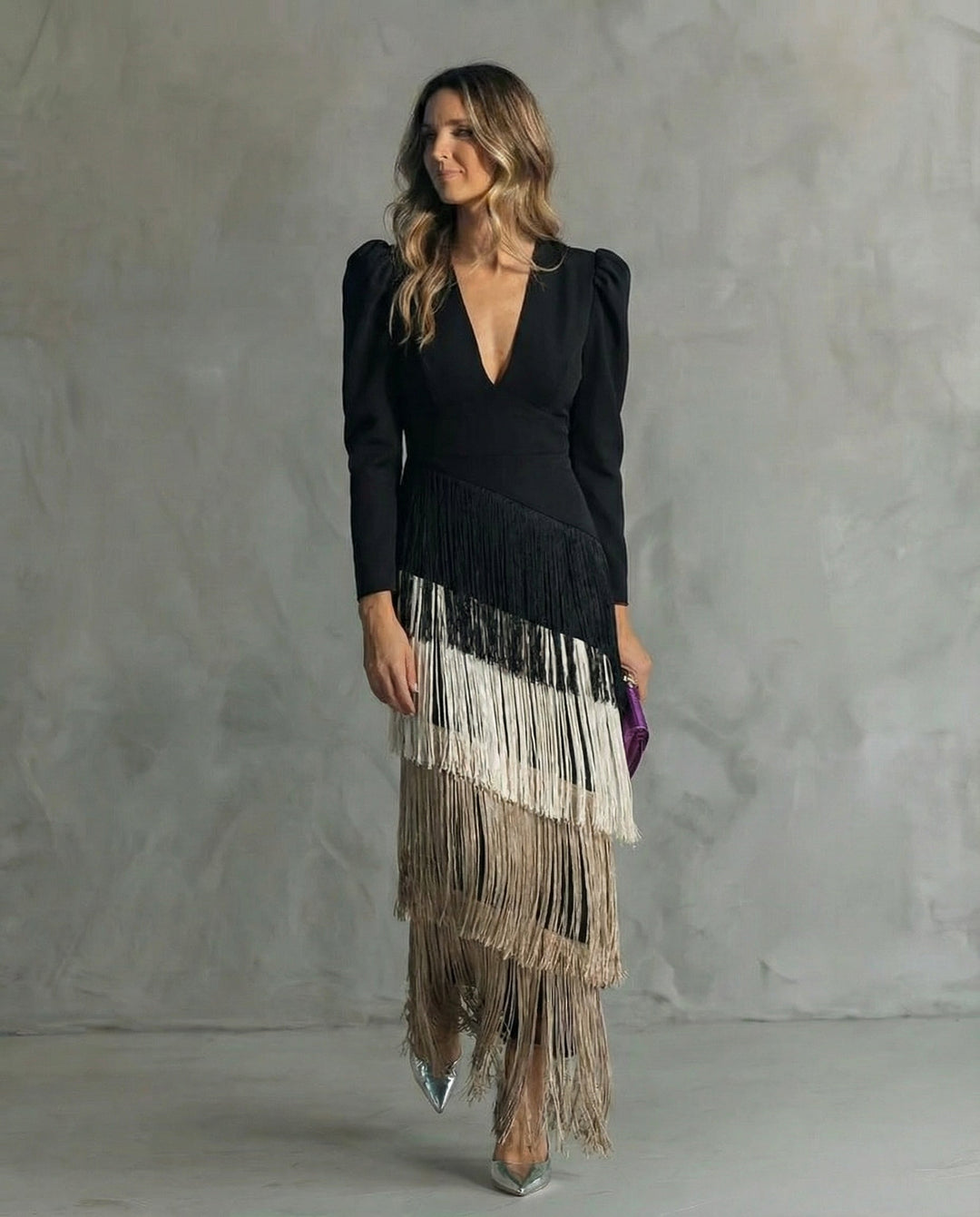 Clara™ | Elegante abito midi con maniche a frange