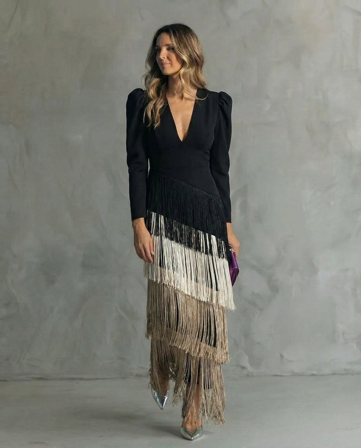 Clara™ | Elegante abito midi con maniche a frange