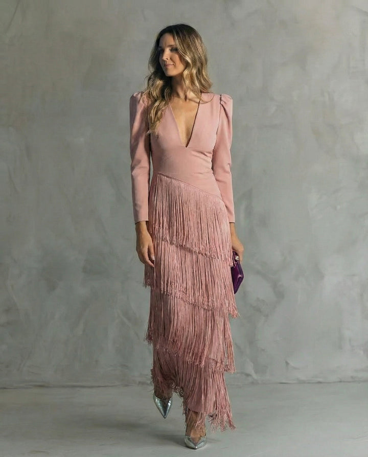 Clara™ | Elegante abito midi con maniche a frange