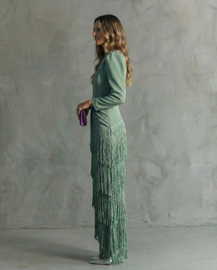 Clara™ | Elegante abito midi con maniche a frange
