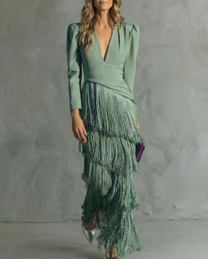 Clara™ | Elegante abito midi con maniche a frange