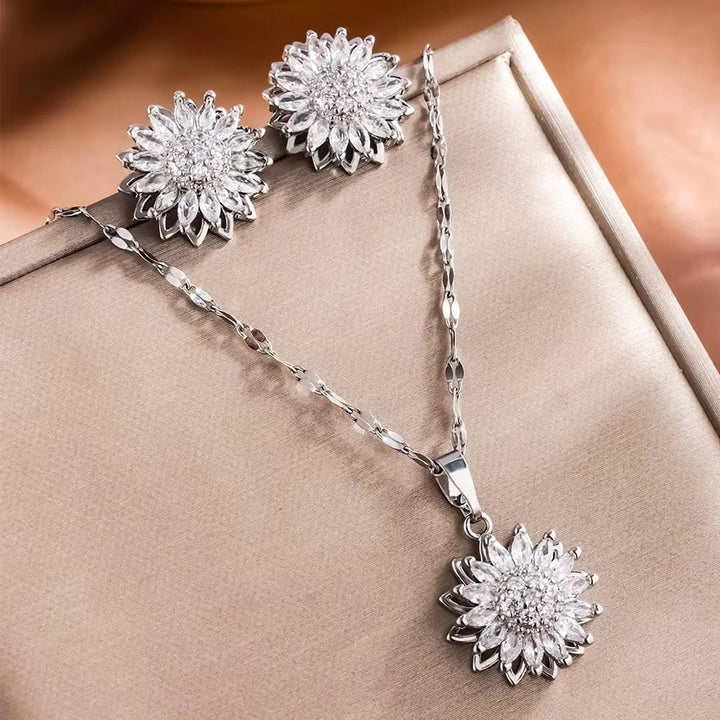 Set di collana e orecchini in zirconio argento trendy a forma di girasole