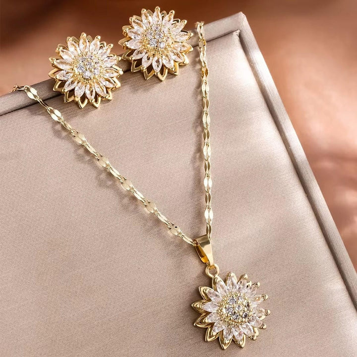 Set di collana e orecchini in zirconio argento trendy a forma di girasole